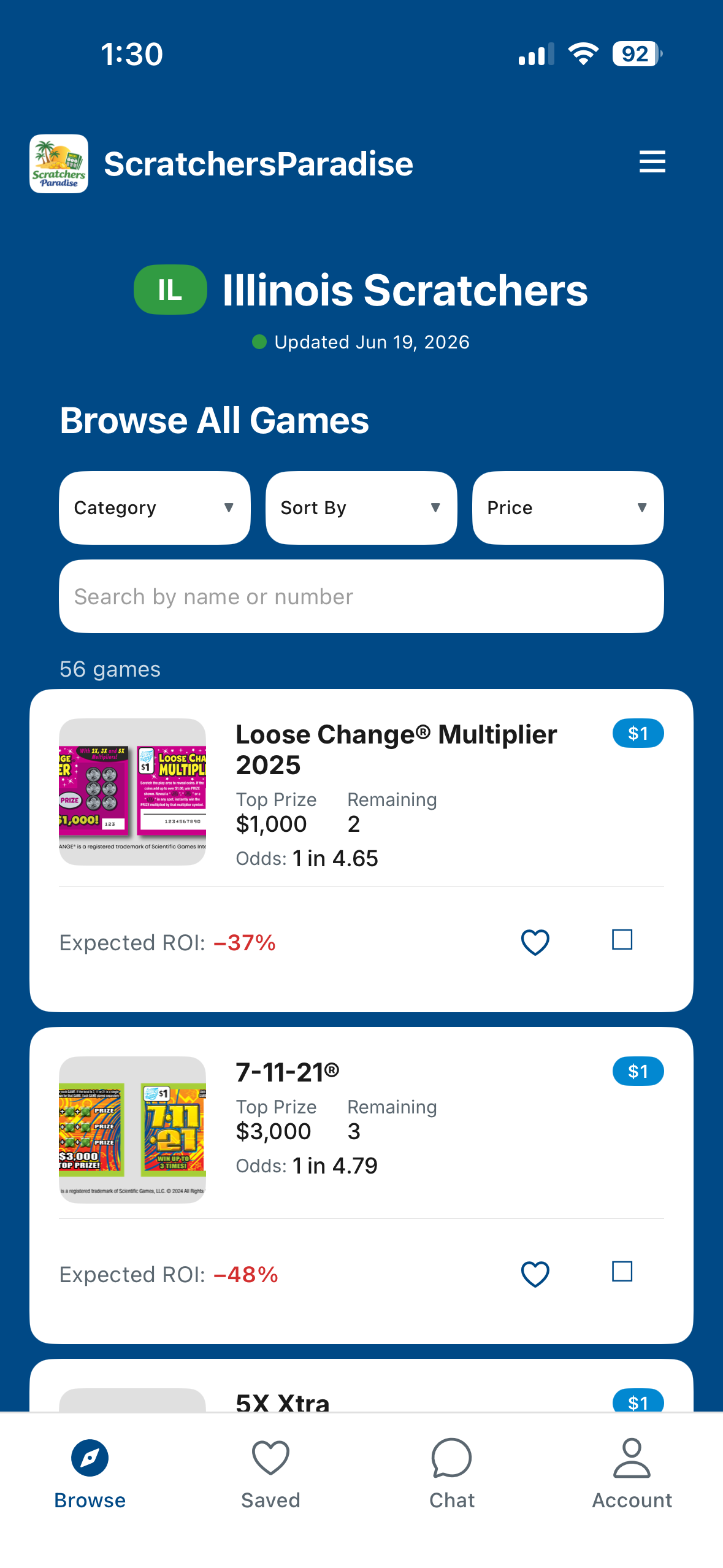 ScratchersParadise app showing game rankings